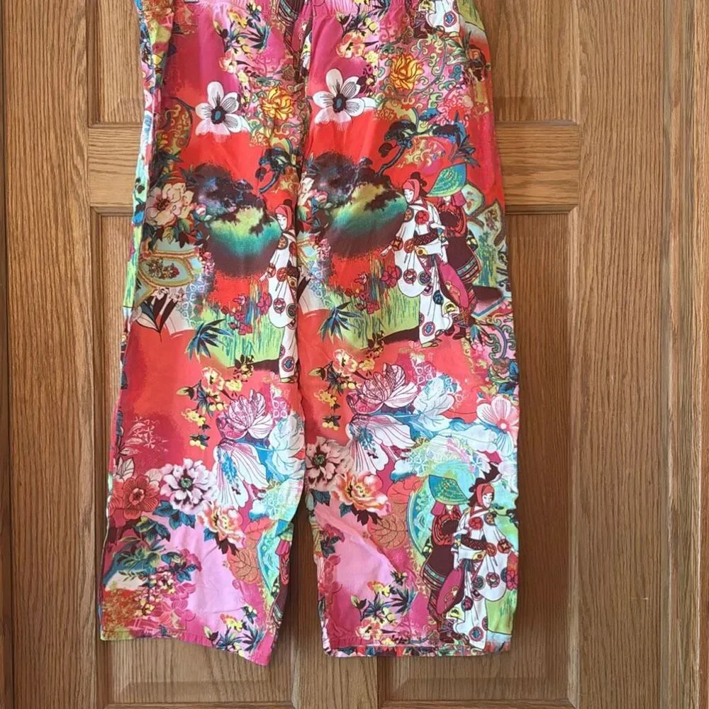 NATORI Cropped Pajama Loungewear Pants Pink Floral Japanese-Inspired Print